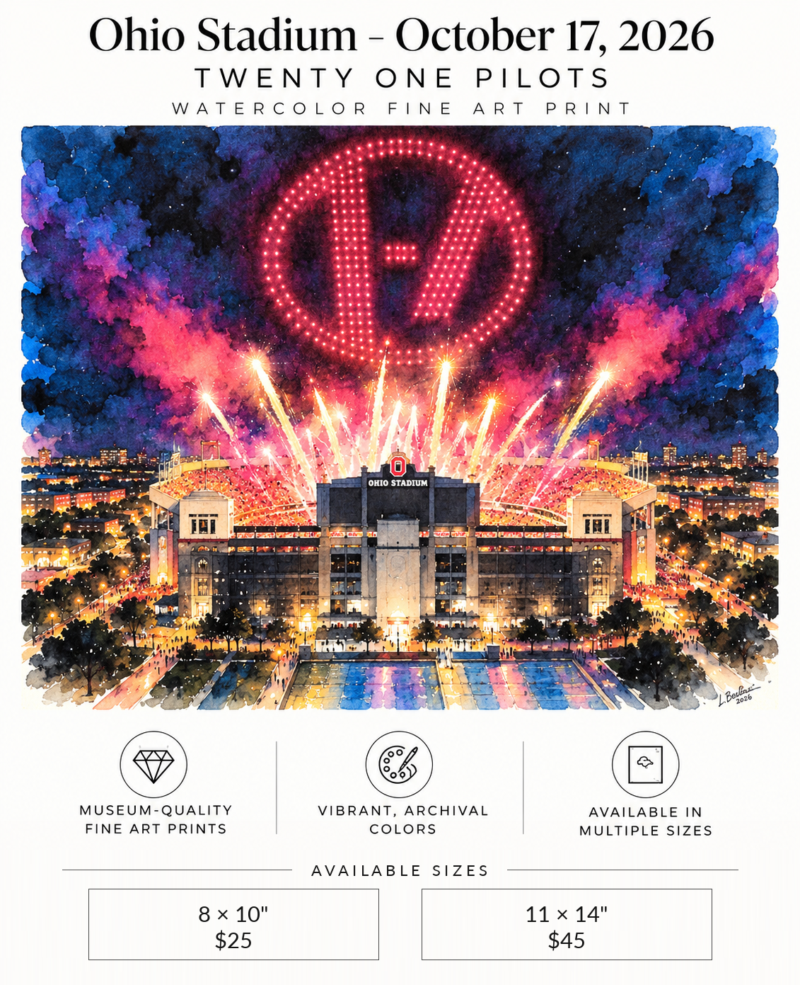 Original Ohio Stadium watercolor by Utah artist Leslie Berg of Create Joy Studios, inspired by the Twenty One Pilots concert on October 17, 2026.