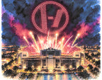 Promotional graphic featuring Leslie Berg's original Ohio Stadium watercolor painting, with Twenty One Pilots concert lights, fireworks, and available fine art print sizes.