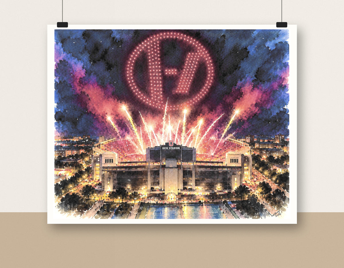 Original watercolor painting of Ohio Stadium illuminated by fireworks and the Twenty One Pilots light display, painted by Utah artist Leslie Berg of Create Joy Studios.