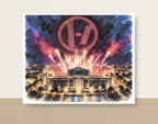 Original watercolor painting of Ohio Stadium illuminated by fireworks and the Twenty One Pilots light display, painted by Utah artist Leslie Berg of Create Joy Studios.