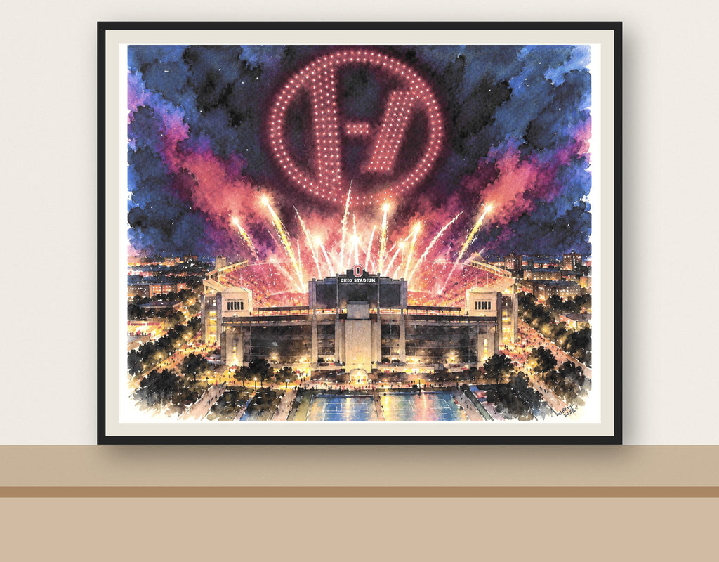 Original watercolor painting of Ohio Stadium illuminated by fireworks and the Twenty One Pilots light display, painted by Utah artist Leslie Berg of Create Joy Studios.