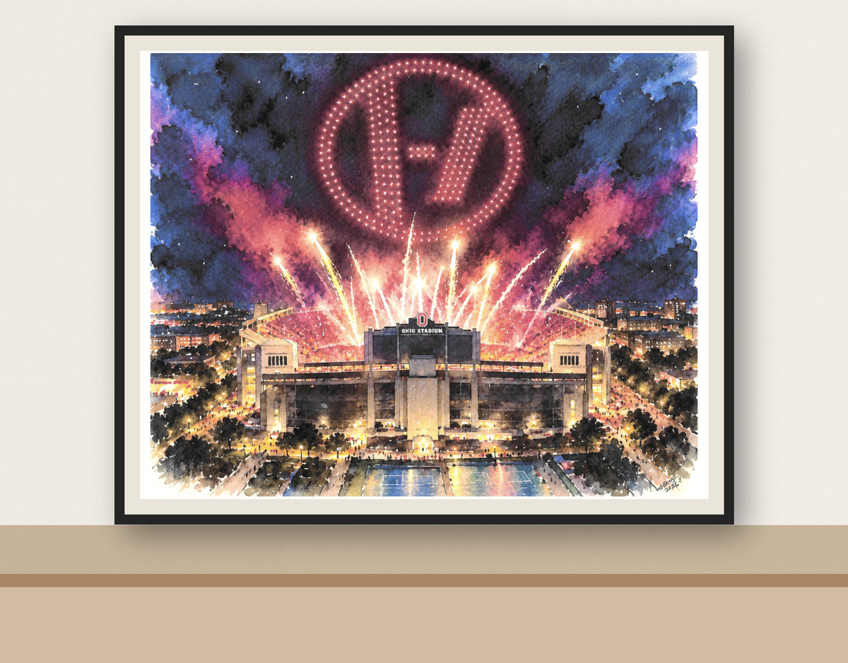 Original watercolor painting of Ohio Stadium illuminated by fireworks and the Twenty One Pilots light display, painted by Utah artist Leslie Berg of Create Joy Studios.